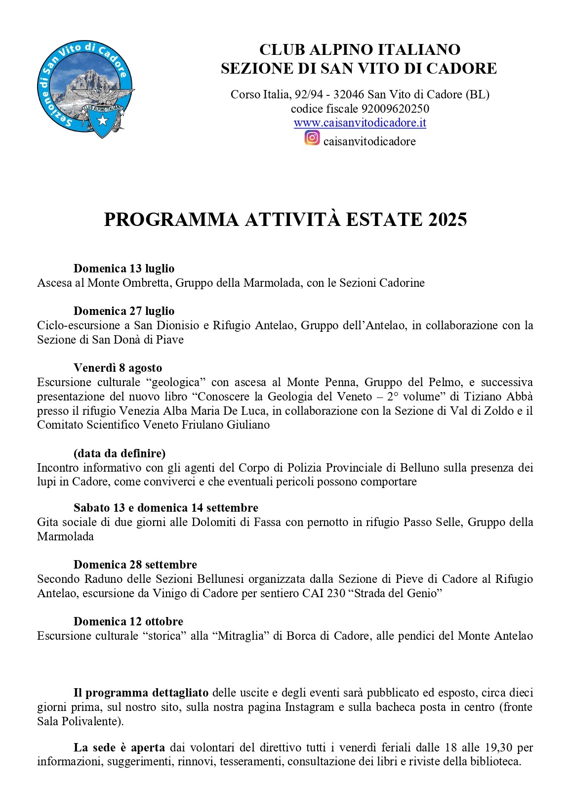 CAI - Sez.San Vito di Cadore - Attività della Sezione estate 2025
